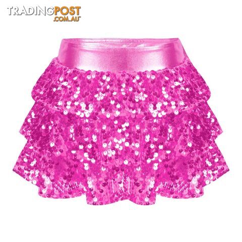 Hot Pink / 8Zippay Kids Girls Shiny Sequins Tiered Ruffle Skirted Shorts Metallic Culottes for Latin Jazz Modern Dancing Stage Performance Costume