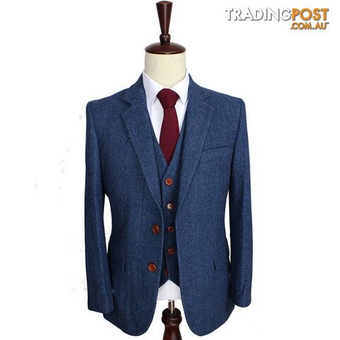 XLZippay Wool Blue Herringbone Retro gentleman style custom made Men's suits tailor suit Blazer suits for men 3 piece (Jacket+Pants+Vest)
