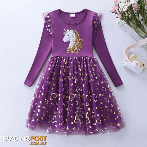 purple / 3-4YZippay Girls Autumn Long Sleeve Mesh Cartoon Unicorn Dress