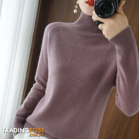 Dark Purple / XLZippay Turtleneck Pullover Cashmere Sweater Women Pure Color Casual Long-sleeved Loose