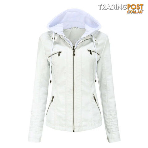 WHITE / LZippay Plus Size Women Hooded Leather Jacket Removable Leather Jacket