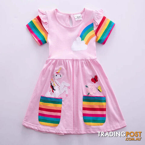 Pink / 4-5YZippay Girls Short Sleeve Unicorn Dress New Summer Embroidered Two Pockets Rainbow Sleeve