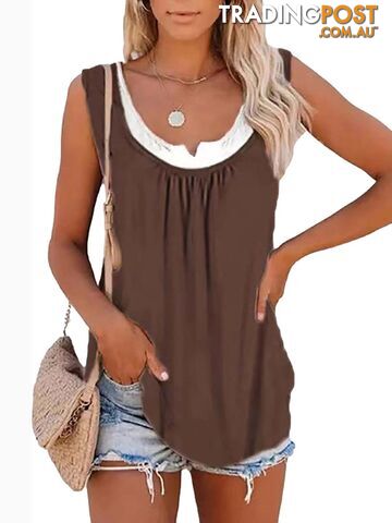 Brown / XLZippay Womens blouse solid color patchwork sleeveless pleated vest T-shirt