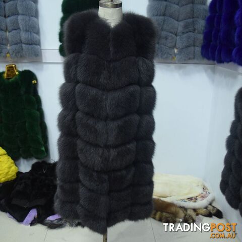 dark gray / L chest 95cmZippay 90CM Natural Real Fox Fur Vest Winter Long Thick Women Genuine Fur Vest Jacket Pockets Real Fur Vest Coats for Women