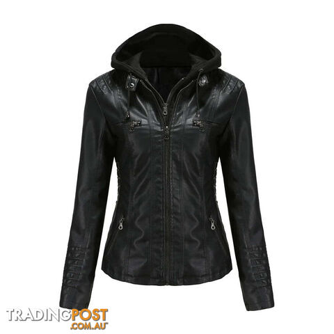 Black / SZippay Plus Size Women Hooded Leather Jacket Removable Leather Jacket