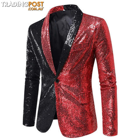 X22 Black Red / US Size MZippay Shiny White Sequin Glitter Blazer for Men One Button Peak Collar Tuxedo Jacket Mens Wedding Groom Party Prom Stage