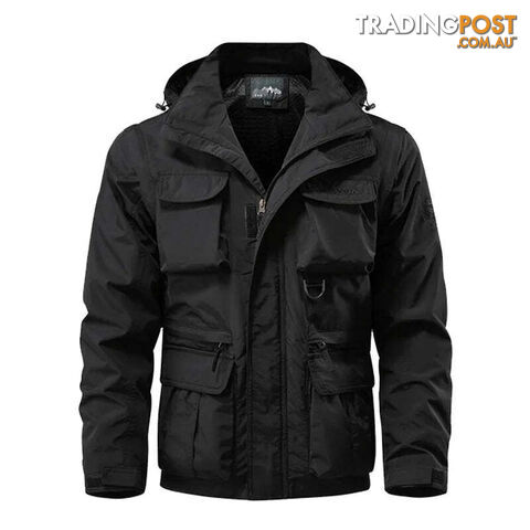 Black / XXXLZippay Detachable windproof hooded jacket men's casual waterproof multi bag cargo jacket vest