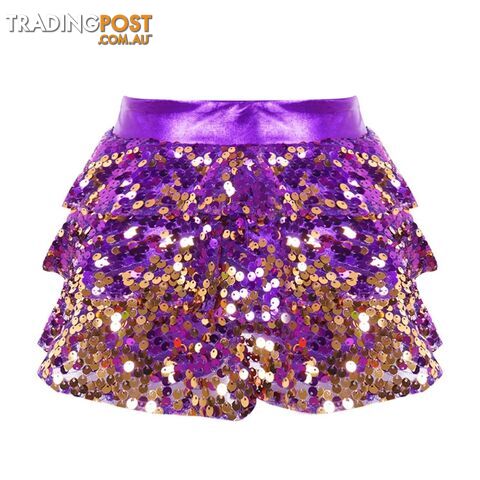 Purple / 8Zippay Kids Girls Shiny Sequins Tiered Ruffle Skirted Shorts Metallic Culottes for Latin Jazz Modern Dancing Stage Performance Costume