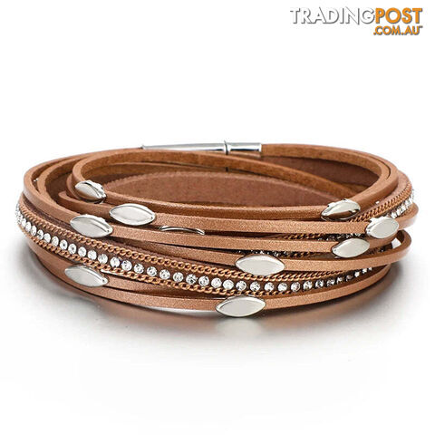 GoldZippay Leaf Charm Pink Leather Bracelets for Women Men Crystal Chain Boho Multilayer Wrap Bracelet Femme Jewelry