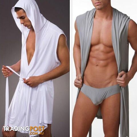 White / SZippay Men Leisure Underwear Lounge Robe Hooded Loungewear Meryl Silk Soft Gown Pajamas