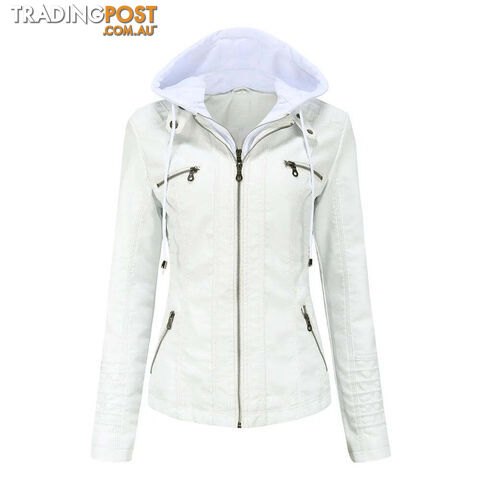 WHITE / XSZippay Plus Size Women Hooded Leather Jacket Removable Leather Jacket