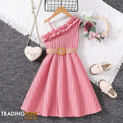 8Y / PinkZippay Kids Dress Girls Frill-Trim Asymmetrical Straps A-line Dress Summer Vacation