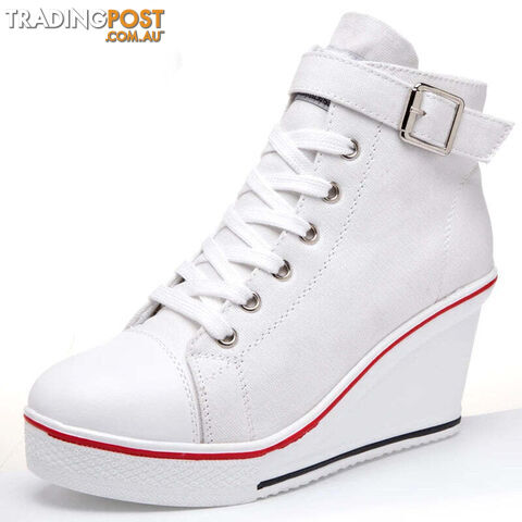 WHITE / 40Zippay High Top Canvas Women Wedge Shoes Women's Denim Ankle Lace Up Ladies Ankle Canvas Shoes Woman 8cm Heels Sneakers