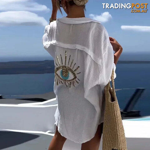 White / SZippay Evil Eye Casual Sequin Beaded Shirt Spring Geometric Eye Top Long Sleeve Loose Shirts Summer Turn-down Collar Button Long Blouse