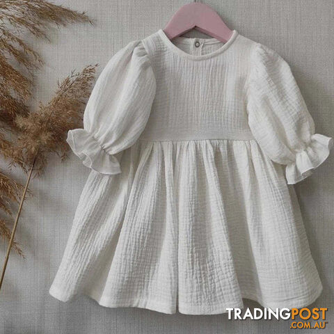 WHITE / 2TZippay Children's Organic Cotton Double Gauze Loose Pockets Baby Girls Dress Fashion Princess Casual Kids Dresses