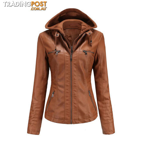 Brown / XXXXLZippay Plus Size Women Hooded Leather Jacket Removable Leather Jacket
