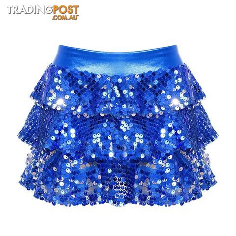 Royal Blue / 14Zippay Kids Girls Shiny Sequins Tiered Ruffle Skirted Shorts Metallic Culottes for Latin Jazz Modern Dancing Stage Performance Costume