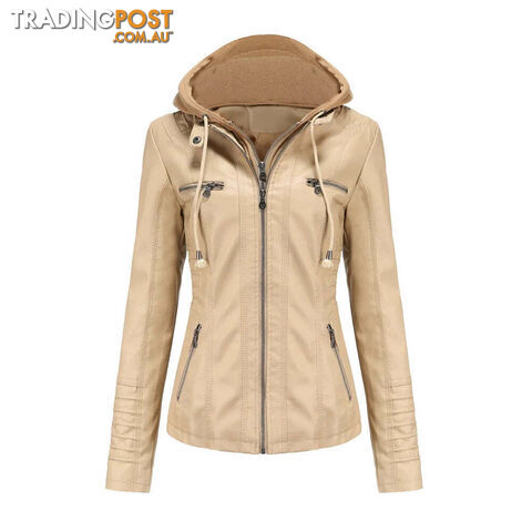 Ivory / SZippay Plus Size Women Hooded Leather Jacket Removable Leather Jacket