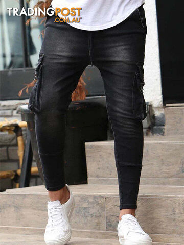 8820 Black / XXL 92cmZippay Men's Slim Fit Stretch Jeans Casual Fashion Multi Pocket Cargo Denim Pants High Street Men's Jeans Work Hip Hop Trousers