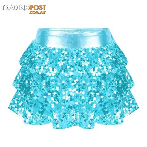 Light Blue / 8Zippay Kids Girls Shiny Sequins Tiered Ruffle Skirted Shorts Metallic Culottes for Latin Jazz Modern Dancing Stage Performance Costume