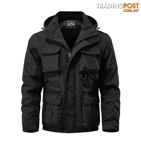 Black / XLZippay Detachable windproof hooded jacket men's casual waterproof multi bag cargo jacket vest