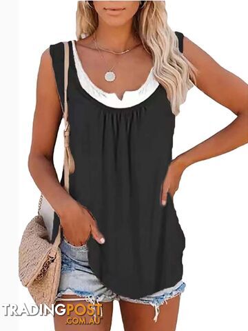 black / MZippay Womens blouse solid color patchwork sleeveless pleated vest T-shirt