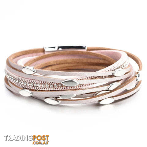 PinkZippay Leaf Charm Pink Leather Bracelets for Women Men Crystal Chain Boho Multilayer Wrap Bracelet Femme Jewelry