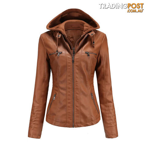 Brown / MZippay Plus Size Women Hooded Leather Jacket Removable Leather Jacket