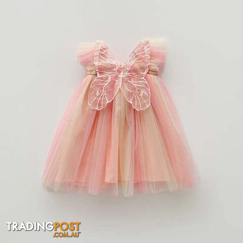 Orange Pink Rainbow / 2TZippay Girls Organza Wings Rainbow Mesh Dress Sleeve Baby Princess Dress Birthday Party