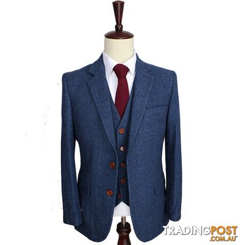 XSZippay Wool Blue Herringbone Retro gentleman style custom made Men's suits tailor suit Blazer suits for men 3 piece (Jacket+Pants+Vest)