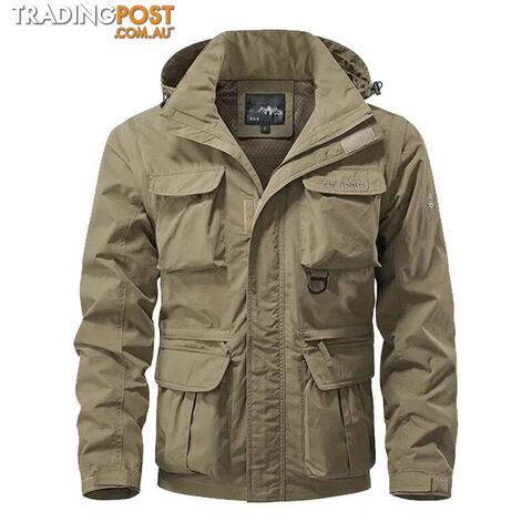 Khaki / 5XLZippay Detachable windproof hooded jacket men's casual waterproof multi bag cargo jacket vest
