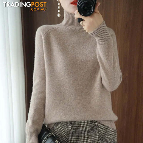 Light Camel / SZippay Turtleneck Pullover Cashmere Sweater Women Pure Color Casual Long-sleeved Loose