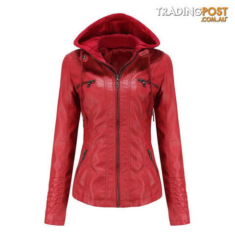 Red / LZippay Plus Size Women Hooded Leather Jacket Removable Leather Jacket