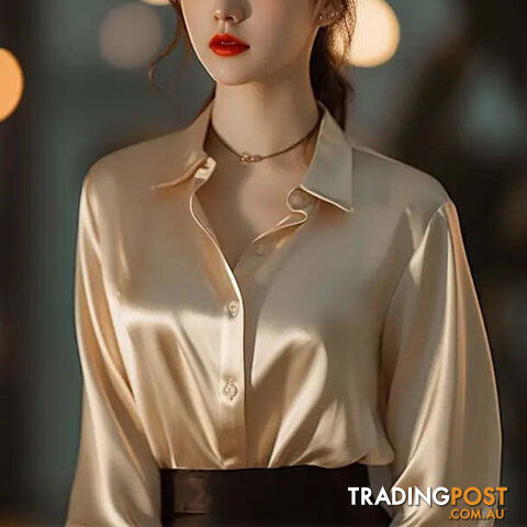 champagne gold / S(40-47.5)kgZippay Women's Solid Color Polo-Neck Button Elegant Loose Long Sleeve Versatile Unique Shirt Tops