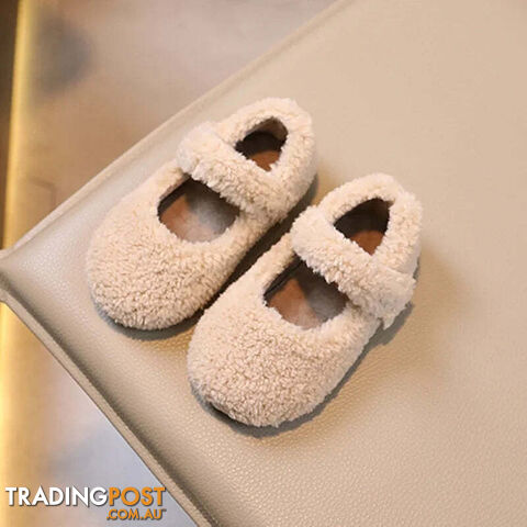APRICOT / 23-insole14.0cmZippay Children Flat Shoes Fur Cover Toe Light Warm Kids Casual Shoe Plush Warm Non-slip Leisure Comfy Boys Girls Shoe