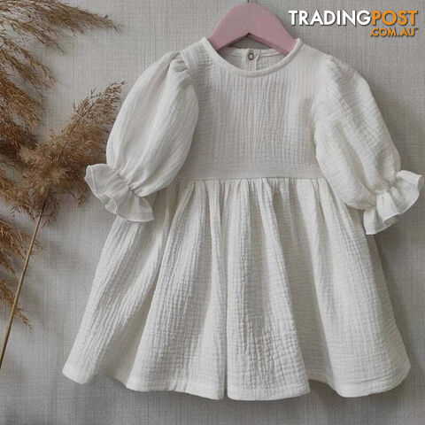 WHITE / 3TZippay Children's Organic Cotton Double Gauze Loose Pockets Baby Girls Dress Fashion Princess Casual Kids Dresses
