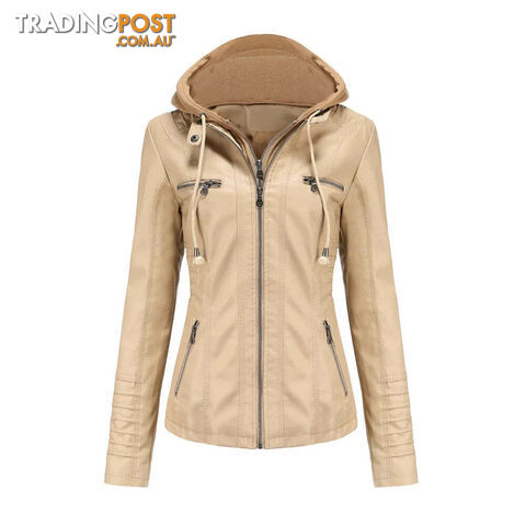 Ivory / MZippay Plus Size Women Hooded Leather Jacket Removable Leather Jacket
