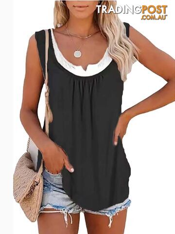 black / LZippay Womens blouse solid color patchwork sleeveless pleated vest T-shirt