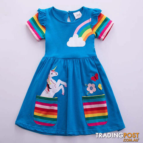 Blue / 4-5YZippay Girls Short Sleeve Unicorn Dress New Summer Embroidered Two Pockets Rainbow Sleeve