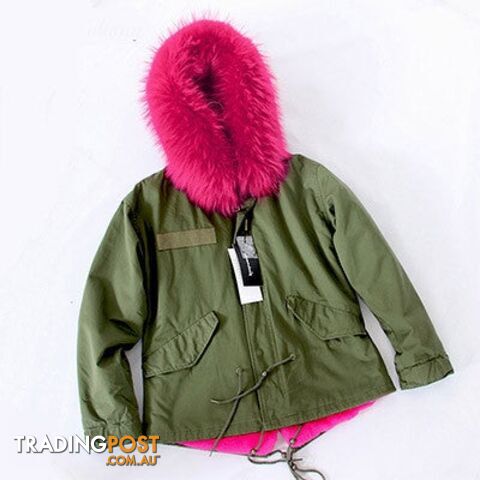 Green parka rose fur / XLZippay Women Winter Army Green Jacket Coats Thick Parkas Plus Size Real Fur Collar Hooded Outwear