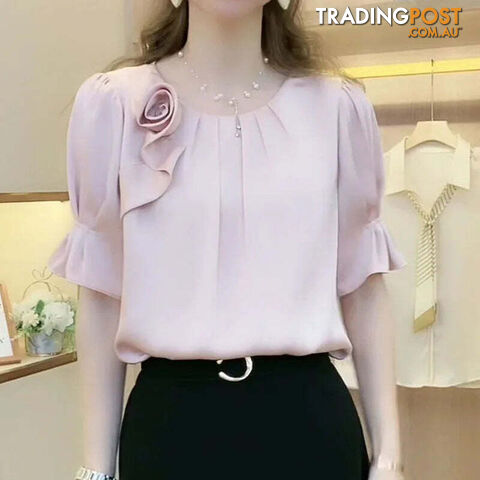 Pink / XLZippay Folds Spliced Blouse Fashion All-match Round Neck Short Sleeve Shirt Women's