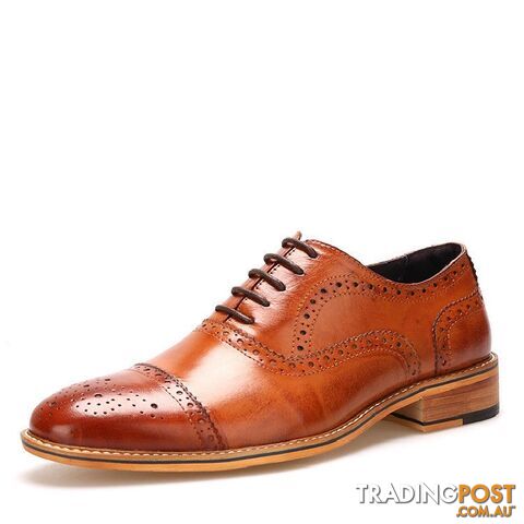 Brown / 5Zippay High Quality Men Oxfords Shoes British Style Carved Genuine Leather Shoe Brown Brogue Shoes Lace-Up Bullock Business Men's Flats