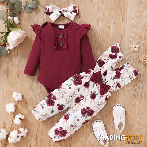 0-3MZippay Baby Girl Clothes Set Red Color Long Sleevs Bodysuit + Flower Strap Pants 2PCS Infant Girl New Years Clothing Suit