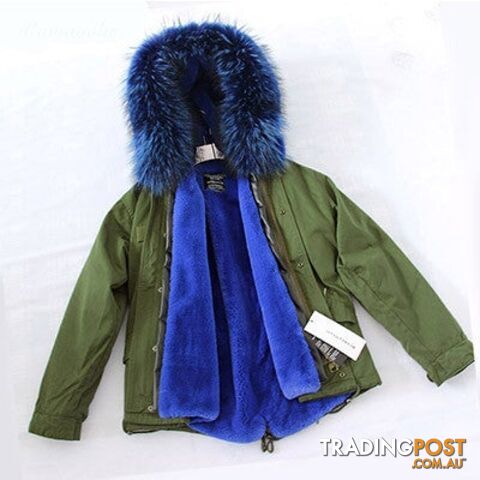 Green parka blue fur / XXLZippay Women Winter Army Green Jacket Coats Thick Parkas Plus Size Real Fur Collar Hooded Outwear