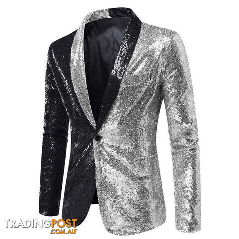 X22 Black Silver / US Size SZippay Shiny White Sequin Glitter Blazer for Men One Button Peak Collar Tuxedo Jacket Mens Wedding Groom Party Prom Stage