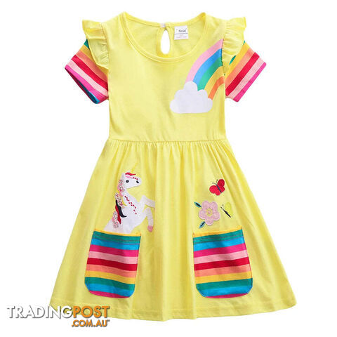 Yellow / 4-5YZippay Girls Short Sleeve Unicorn Dress New Summer Embroidered Two Pockets Rainbow Sleeve