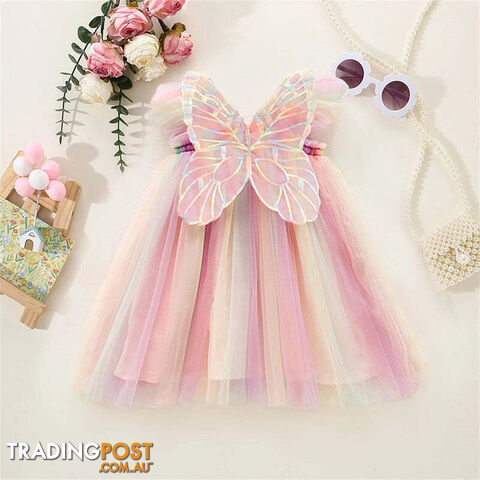 A01980-F / 3TZippay Butterfly Mesh Flying Sleeve Dress Girls Dresses Girls Summer Casual Wear Children's Clothes