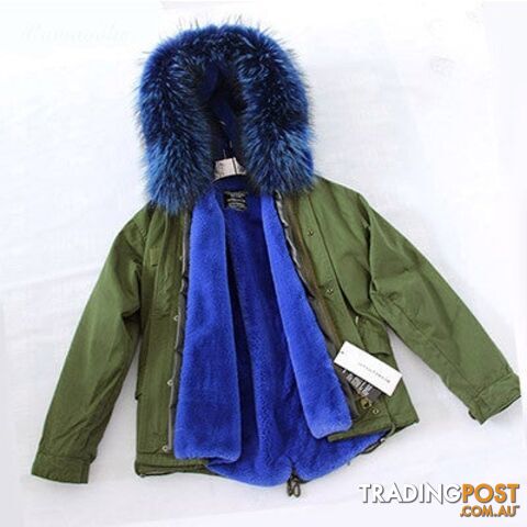 Green parka blue fur / SZippay Women Winter Army Green Jacket Coats Thick Parkas Plus Size Real Fur Collar Hooded Outwear