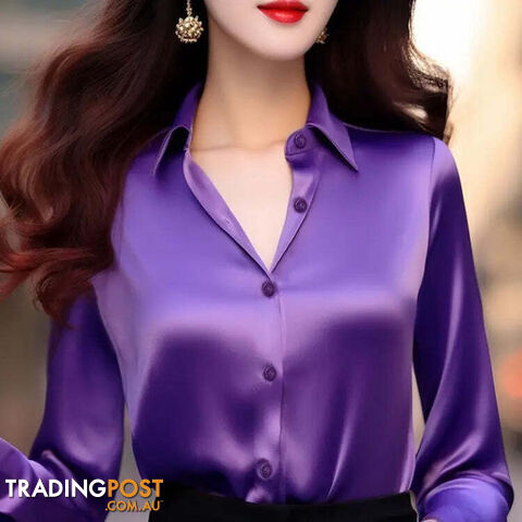Purple / M(47.5-52.5)kgZippay Women's Solid Color Polo-Neck Button Elegant Loose Long Sleeve Versatile Unique Shirt Tops