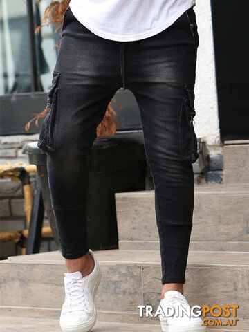 8820 Black / S Waist 76cmZippay Men's Slim Fit Stretch Jeans Casual Fashion Multi Pocket Cargo Denim Pants High Street Men's Jeans Work Hip Hop Trousers
